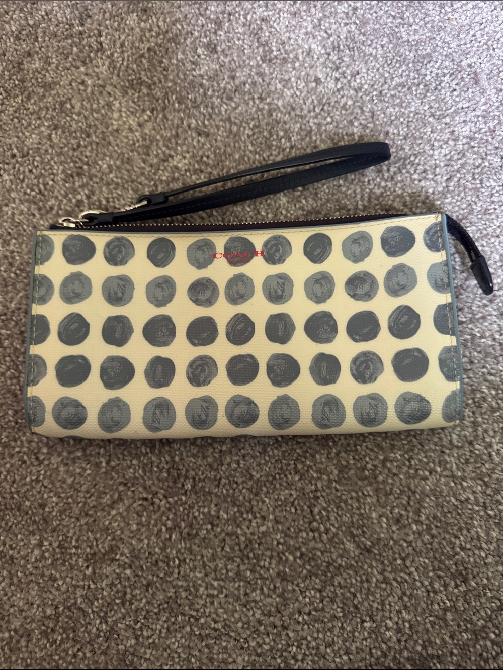 Coach Polka Dot Wallet in Cream and blue with Navy Strap